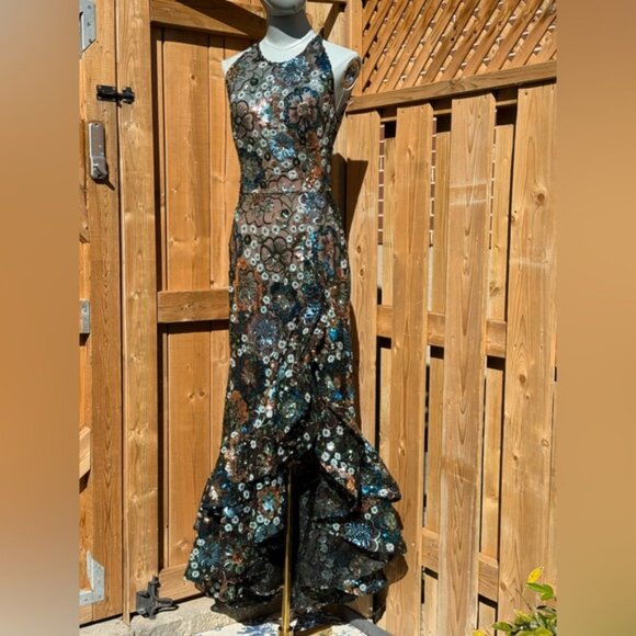 🆕 BRONX & BANCO🧿 NWOT Sicilia Blue Sequin Fluted Hem Maxi Dress Sz XS US 2 - Picture 5 of 16